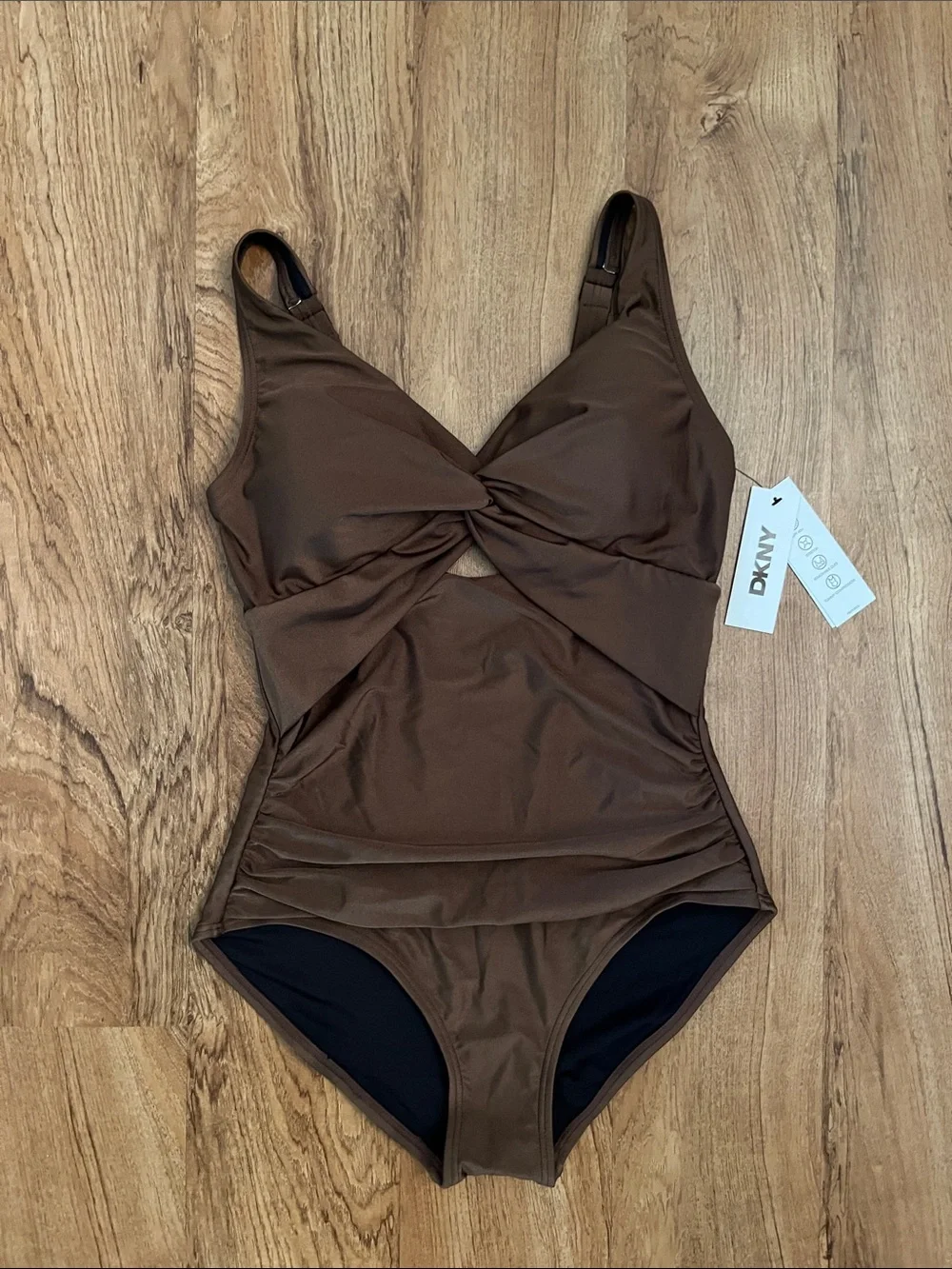 NWT DKNY Keyhole Twist Tummy Control One Piece Swimsuit Mocha Shimmer - Picture 3 of 9